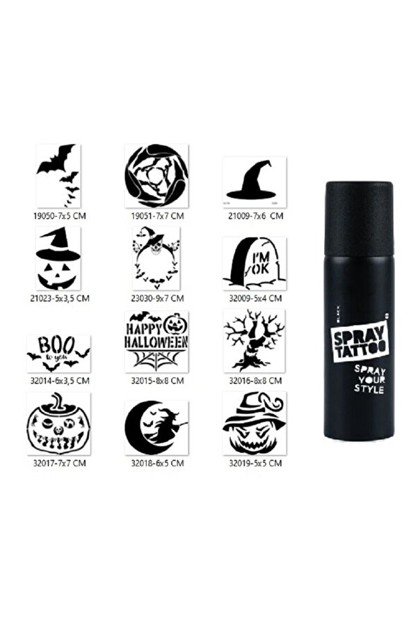 Ai̇rbrush Tattoo Cadılar Bayramı Halloween Geçi̇ci̇ Dövme Seti̇ Si̇yah Spray Tattoo Ve 12 Desen