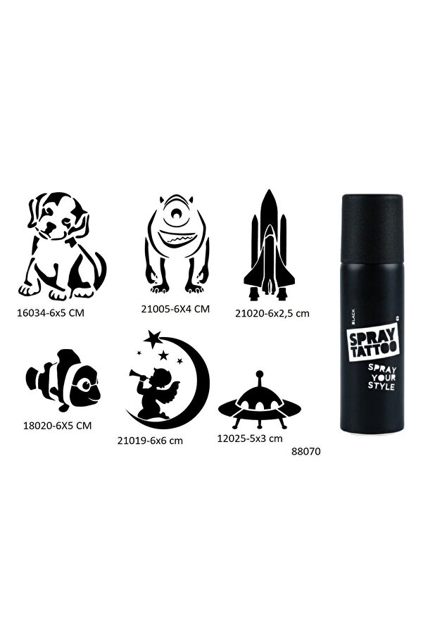 Ai̇rbrush Tattoo Çocuksu Desenler 6 Adet Şablon Ve Si̇yah Sprey Geçi̇ci̇ Dövme Seti̇