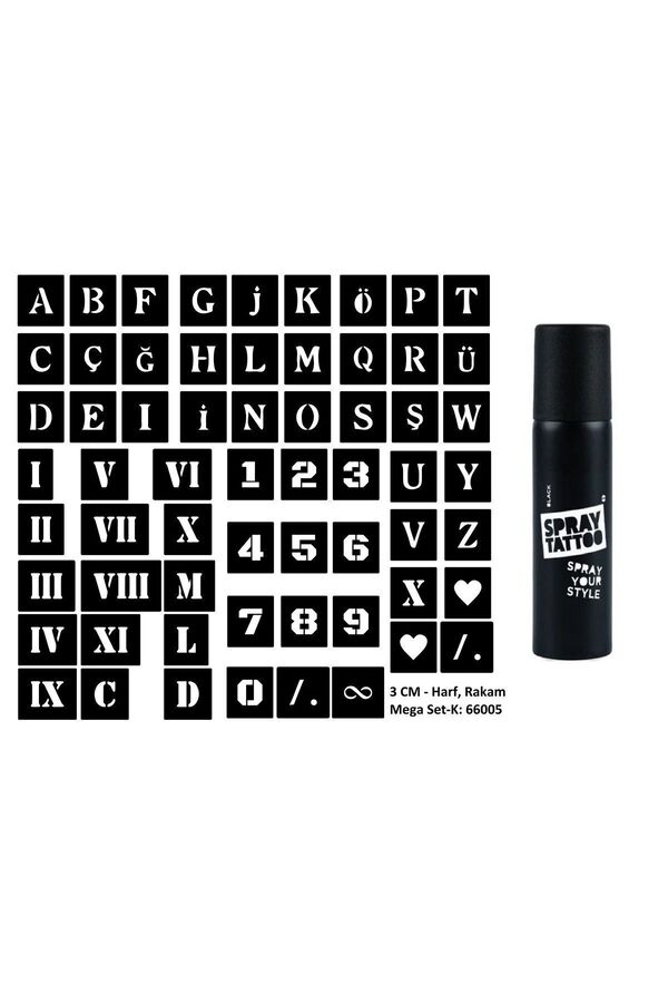 Ai̇rbrush Tattoo Mega Spray Tattoo Geçi̇ci̇ Dövme Yapma Seti̇ Harf, Roma Rakamı Ve Sayı