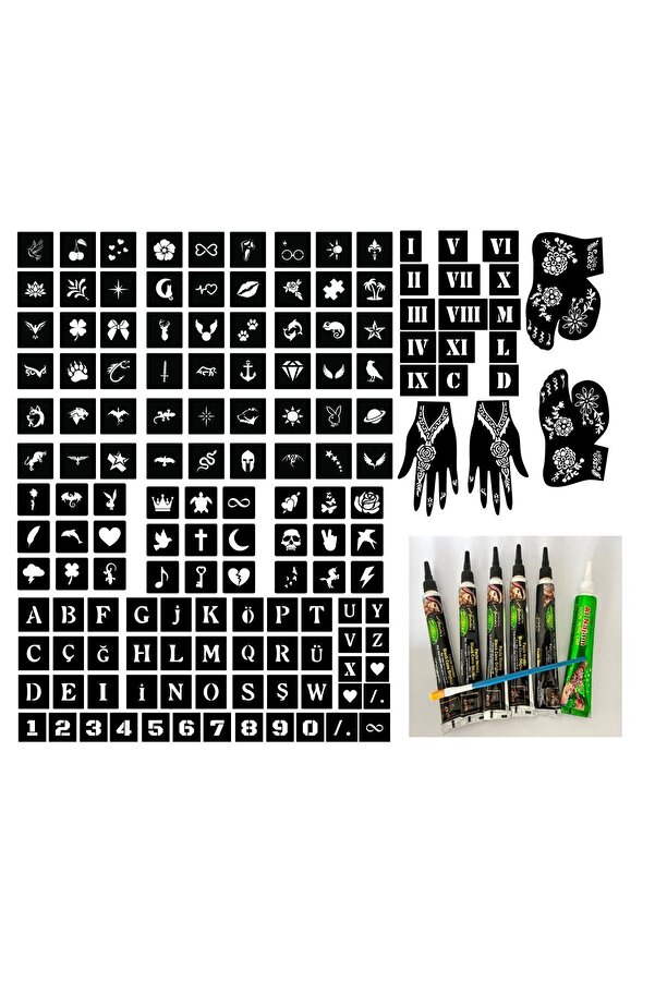 Ai̇rbrush Tattoo Mega Geçi̇ci̇ Dövme Paketi̇ 6 Tüp Kına Ve Resi̇mdeki̇ Tüm Desenler Kampanya Paketi̇