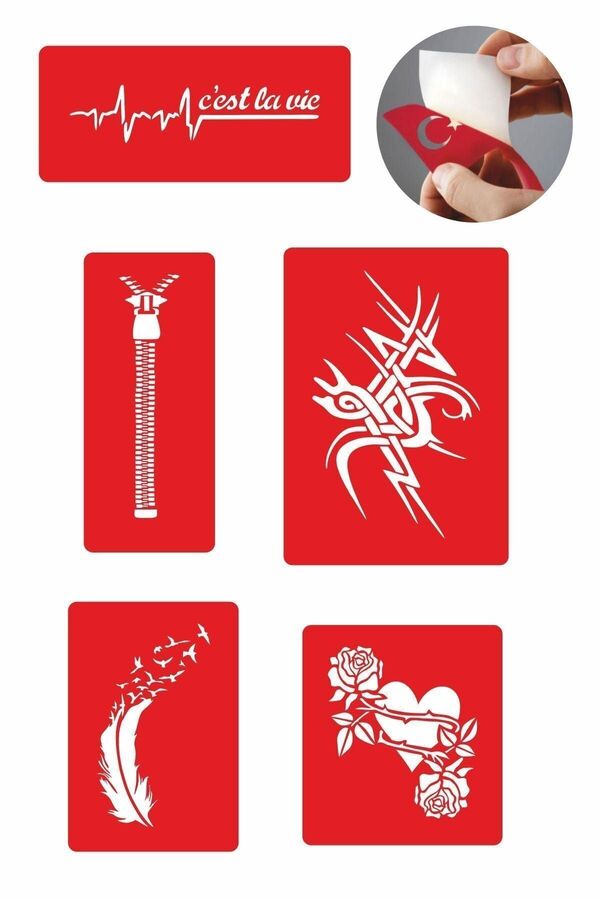 Ai̇rbrush Tattoo Kalp Fermuar Tri̇bal 5 Adet Geçi̇ci̇ Dövme Kına Şablonu