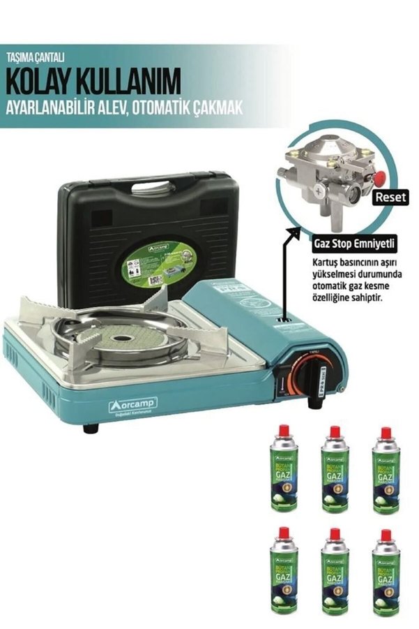 Orcamp Pro Portatif Seramik Kamp Ocak Ck-508 Gaz Stop Emniyetli 6 Adet 227 Kartuş