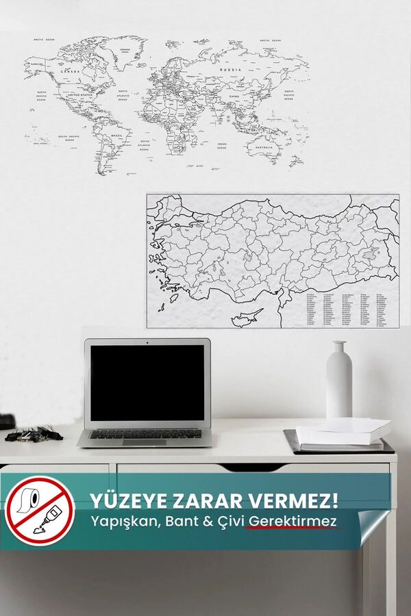 Pi Papers Türkiye Ve Dünya Haritası Yapışkansız Statik Tutunan Not Kağıt Tutucu Özellikli Pratik Akıllı Kağıt