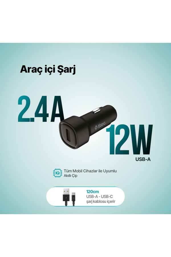 Ttec Smartcharger 2.4A Araç Şarj Aleti  + Usb-C Kablo