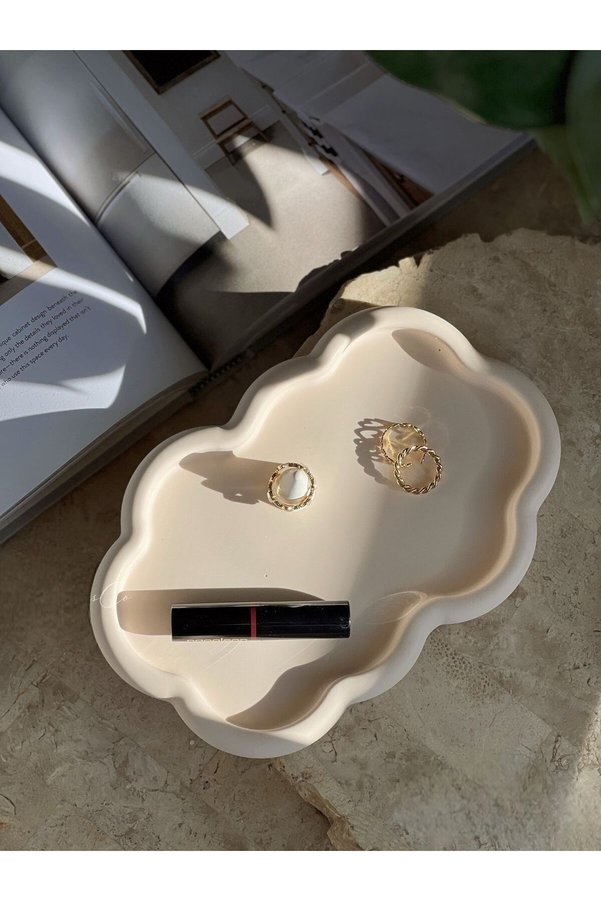 Louve Store Dekoratif Bej Bulut Tepsi Takı Tepsisi Mum Tabağı Dekoratif Stand