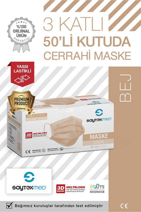 SAYTEKMED Meltblown Filtreli Yassı Ipli 3 Katlı Ten Rengi Cerrahi Maske