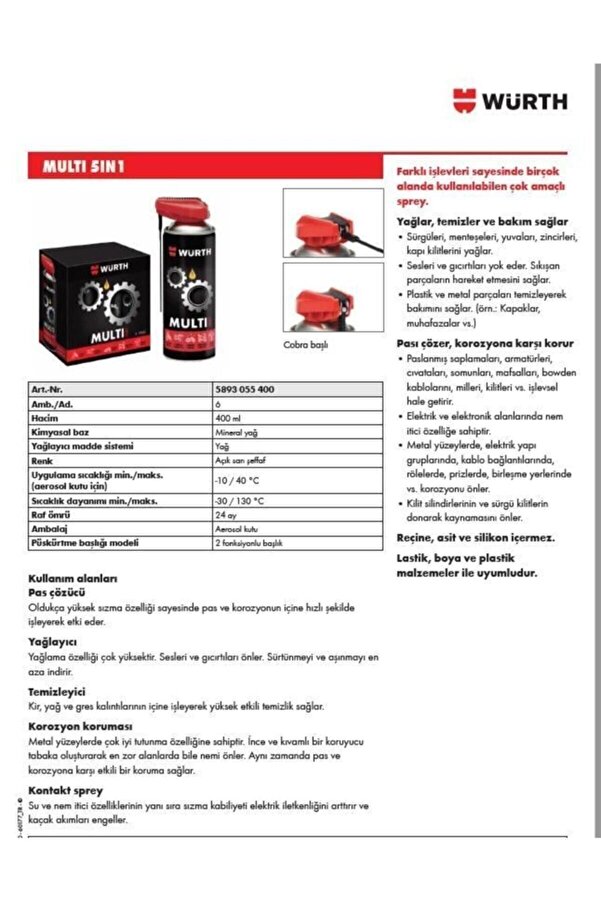 Würth Multi 5in1 Çok Amaçlı Temizleme Yağlama Pas Önleyici Bakım Spreyi 400 Ml