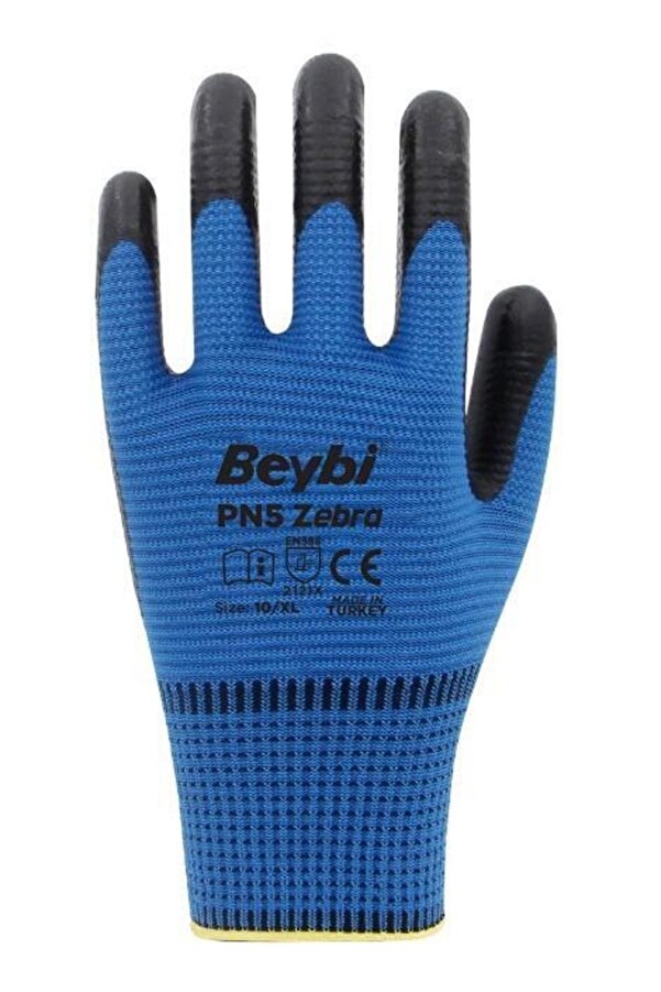 Beybi PN5 Zebra Polyester Örme Nitril Eldiven Mavi - 5 Çift