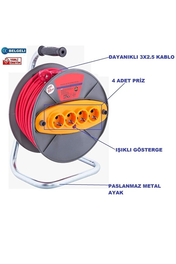 ozaslan Seyyar Çoklu Makaralı Uzatma Ara Kablosu 3*2.5 Mm (kalın) Işıklı 50 Metre