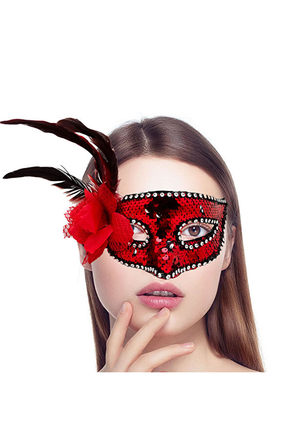 Go İthalat Kırmızı Renk Yandan Tüylü Güllü Gümüş Taşlı Pullu Maske 20X22 Cm (4130)