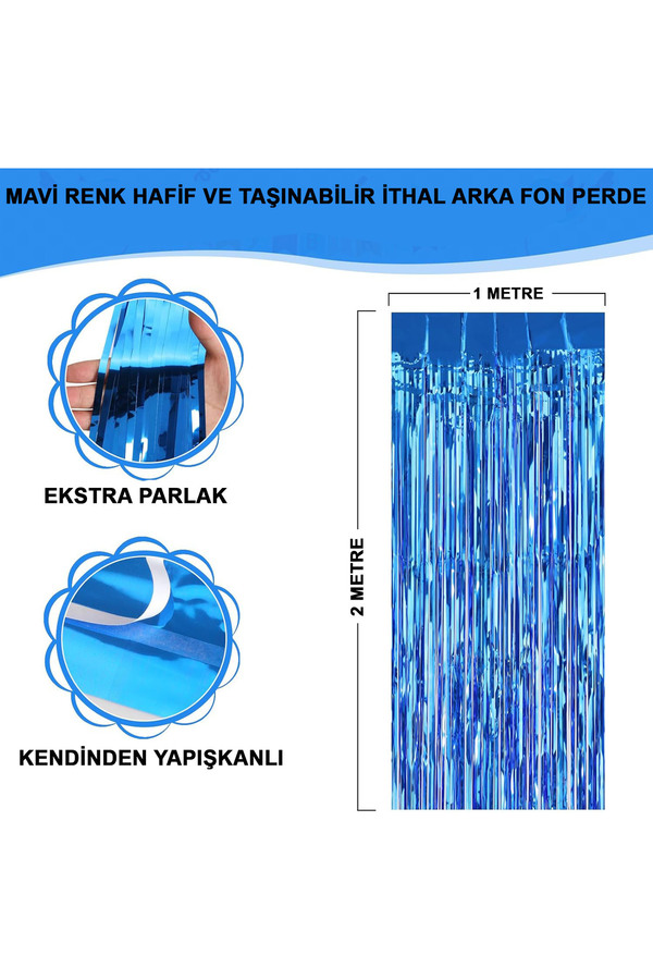 Go İthalat Mavi̇ Renk Ekstra Metali̇ze Parlak Saçaklı Arka Fon Perde İthal A Kali̇te 1X2 Metre (4130)