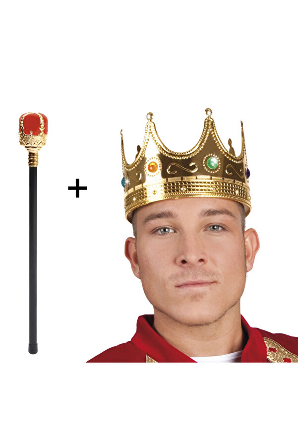 Go İthalat Altın Renk 60 Cm Kral Tacı Krali̇yet Tacı Ve Kırmızı Topuzlu Kral Asası Seti̇ (4130)
