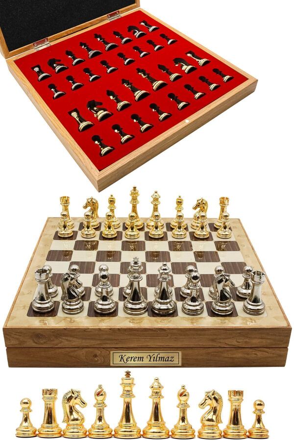 Cooper Chess 36cm Ahşap Kutulu Elagant Metal Klasik Satranç takımı | Ahşap Meşe Desenli Kutu Altın Gümüş Figür
