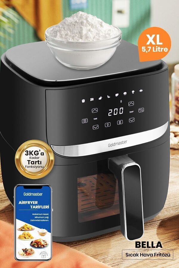 GOLDMASTER Bella 1700w Xl Dokunmatik Cam Kapaklı Aydınlatmalı 3kg Tartı Fonksiyonlu Airfryer Sıcak Hava Fritözü