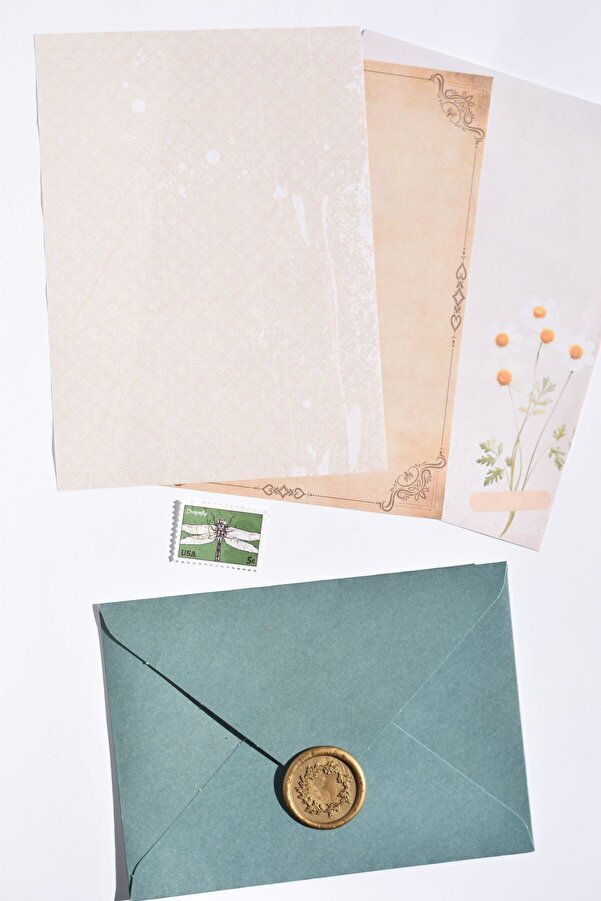 GÖKÇETasarım Yeşil Zarflı Mühürlü Mektup Seti / Vintage Scrapbook Hediye