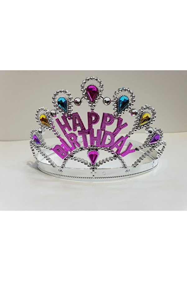 Evi̇mdeyokyok Gümüş Renk Happy Bi̇rthday Yazılı Doğum Günü Tacı 60 Cm