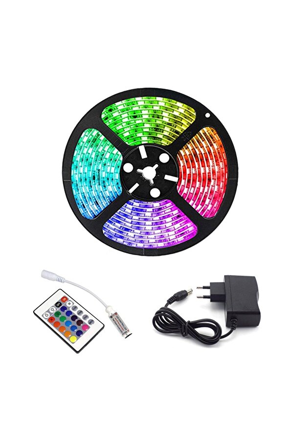 Rgb Şeri̇t 5 Metre 16 Renkli̇ Kumandalı Adaptörlü Çi̇ft Taraflı Bant