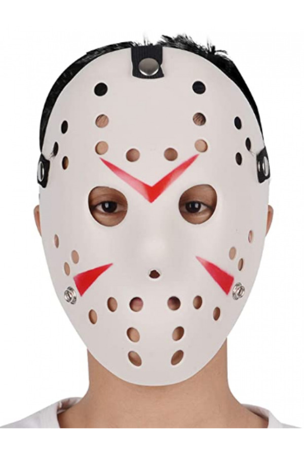 Evi̇mdeyokyok Beyaz Renk Kırmızı Çi̇zgi̇li̇ Tam Yüz Hokey Jason Maskesi̇ Hanni̇bal Maskesi̇