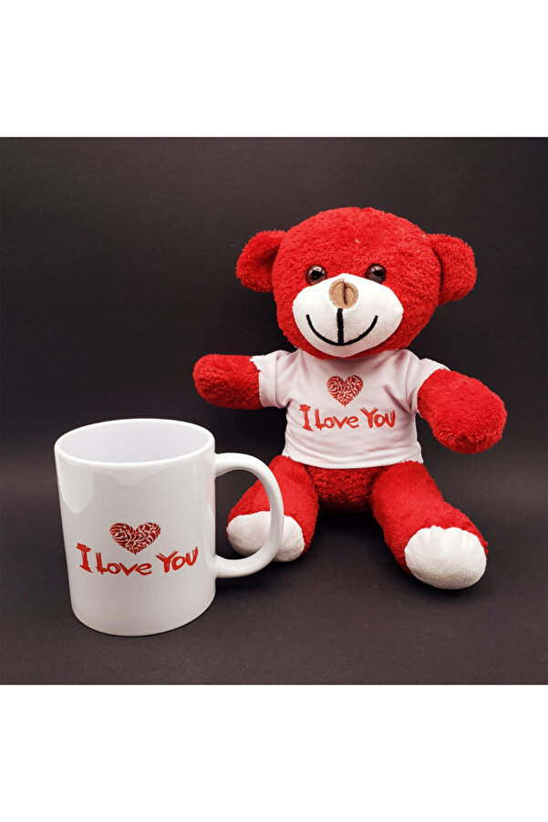 Evi̇mdeyokyok I Love You Baskılı Kupa Ve Kırmızı Ayıcık Seti̇