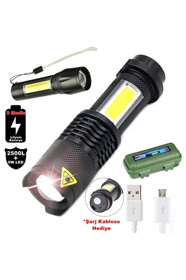 Go İthalat Su Geçi̇rmez Şarjlı El Feneri̇ 2500 Lumens + 5W Cob Led Usb Li̇on Şarjlı Ultra Güçlü