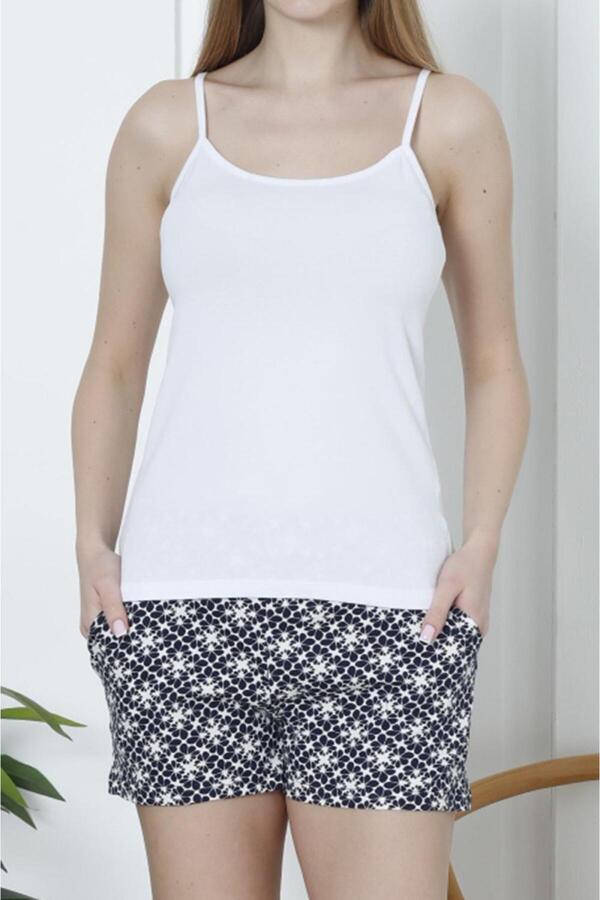 Nicoletta Kadın Şortlu Pijama Takımı İp Askılı Pamuklu Likralı Cepli Beyaz
