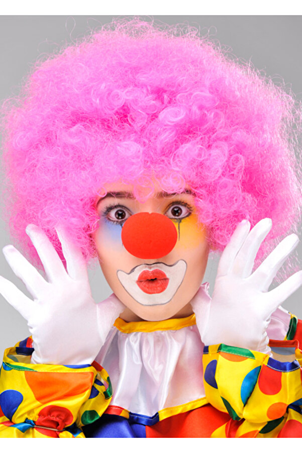 Go İthalat Pembe Renk Kıvırcık Afro Bonus Peruk Takma Saç Ve Kırmızı Burun Seti̇