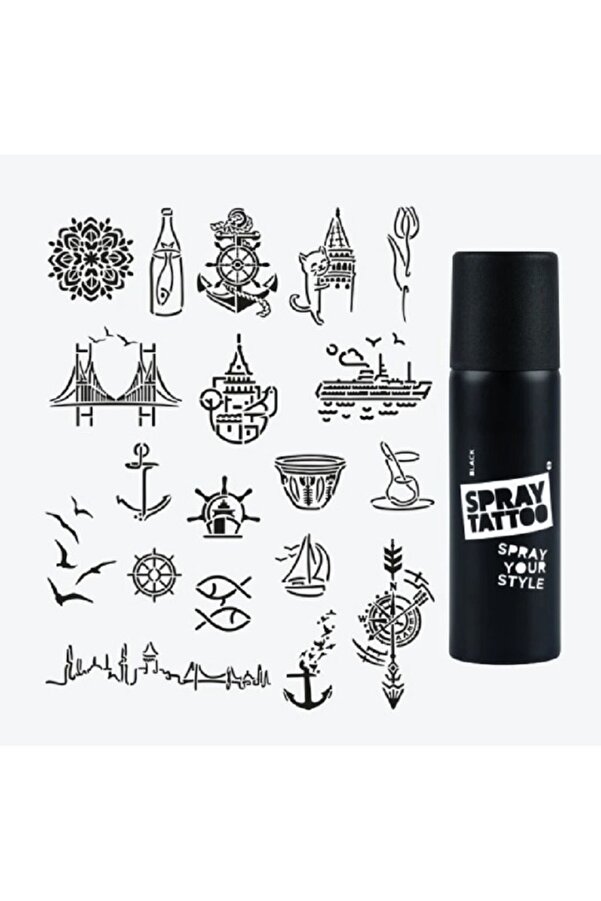 Ai̇rbrush Tattoo İstanbul Ci̇ty Pack Spray Tattoo Geçi̇ci̇ Dövme Seti̇ 19 Desen 1 Si̇yah Sprey