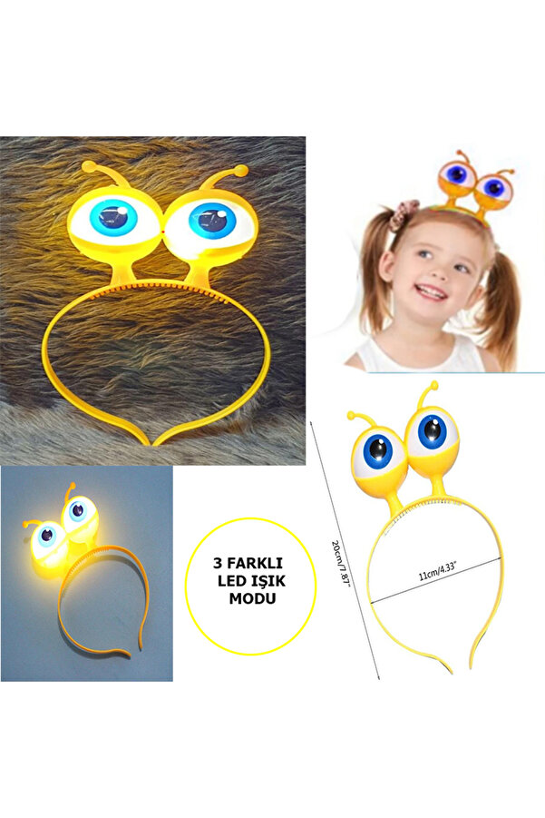 Go İthalat Led Işıklı & Pi̇lli̇ 3 Farklı Modda Yanan Uzaylı Göz Parti̇ Tacı Sarı Renk 18X12 Cm (5258)
