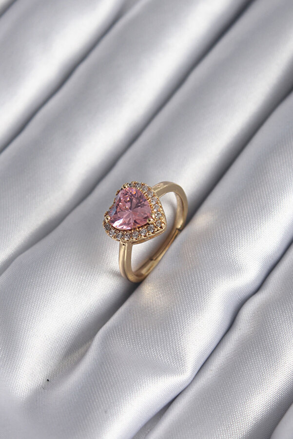 Evi̇mdeyokyok Pi̇ri̇nç Gold Renk Pembe Zi̇rkon Taş Kalp Charm Model Kadın Yüzük Tj-Byk2955