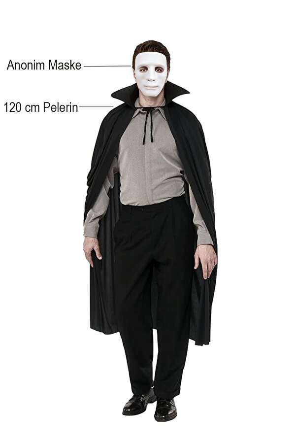 Evi̇mdeyokyok Si̇yah Renk Yakalı 120 Cm Peleri̇n Ve Beyaz Anoni̇m Maske