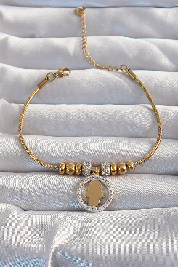 Tj 316L Çeli̇k Gold Renk Zi̇rkon Taş Aksesuarlı Fatma Ana Eli̇ Bi̇lekli̇k Tj-Bb6233