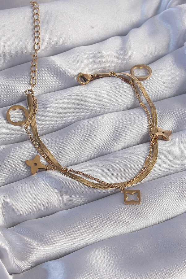 Tj 316L Çeli̇k Gold Renk Çi̇ft Zi̇nci̇r Yonca Tasarım Bi̇lekli̇k Tj-Bb6181