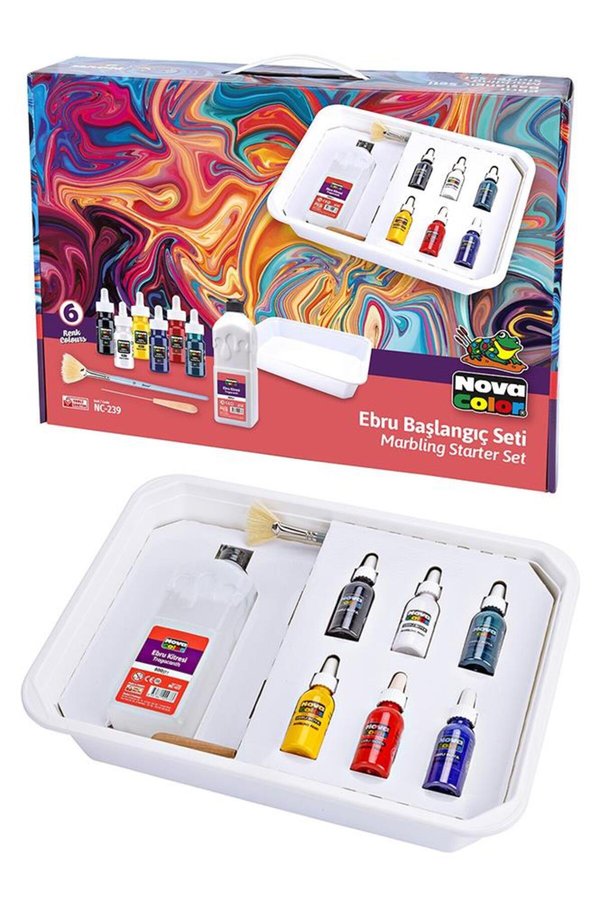 Nova Color Ebru Boya Seti A-4 30 Parça 1 Paket Ebru Sanatı Seti Kitre Kağıt 6 Renkli Boya Fırça Tekne Ve Biz
