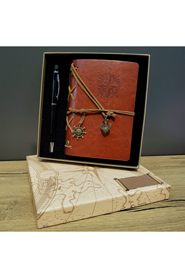 Pusula Baskılı Deri̇ Defter Kalem Seti̇
