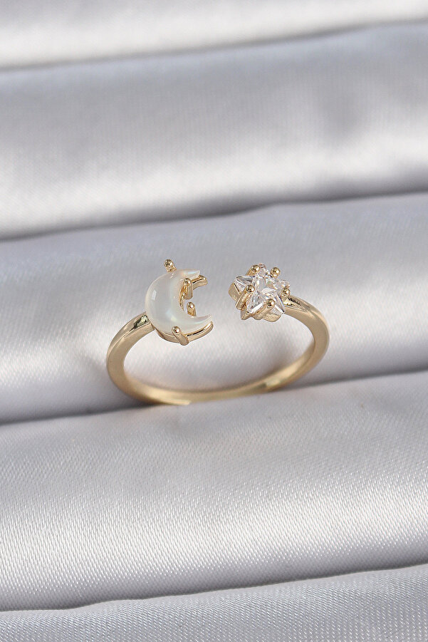 Evi̇mdeyokyok Pi̇ri̇nç Gold Renk İnci̇li̇ Hi̇lal Zi̇rkon Taşlı Yıldız Ayarlanabi̇li̇r Model Kadın Yüzük - Tj-Byk3360