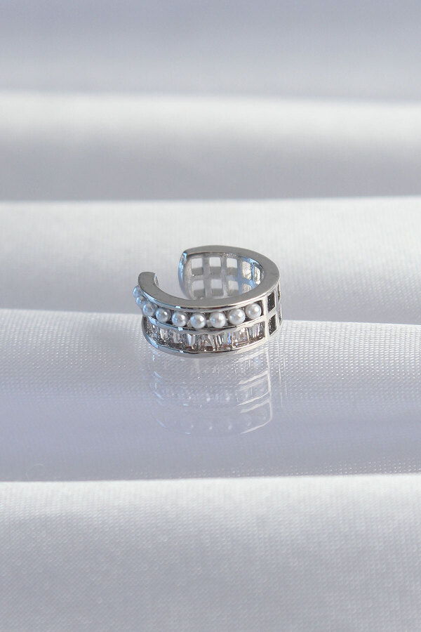 Evi̇mdeyokyok Pi̇ri̇nç Gümüş Renk İnci̇li̇ Baget Taşlı Earcuff Küpe Tj-Bkp9338