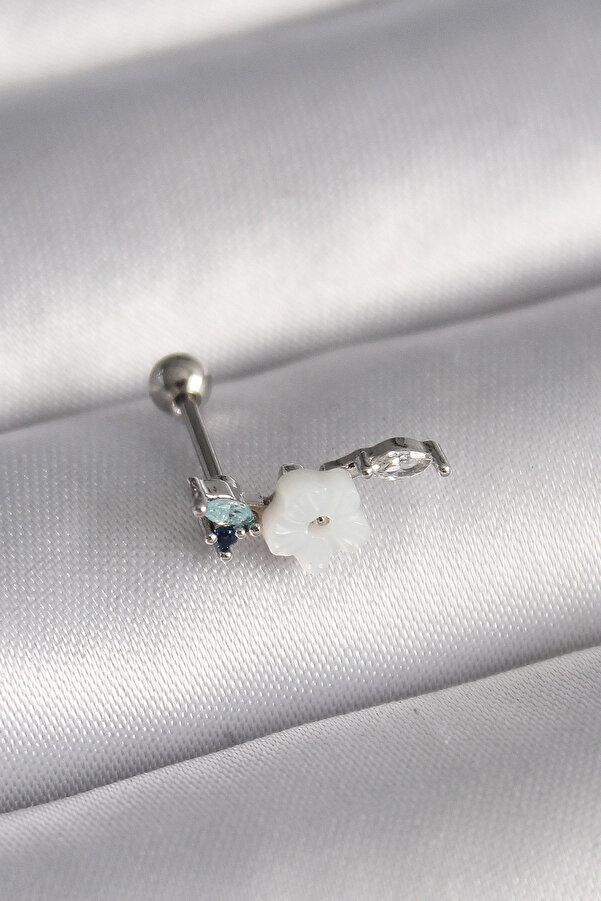 Evi̇mdeyokyok 316L Çeli̇k Gümüş Renk Zi̇rkon Taş Detay Beyaz Çi̇çek Model Tragus Pi̇erci̇ng Tj-Pr1357