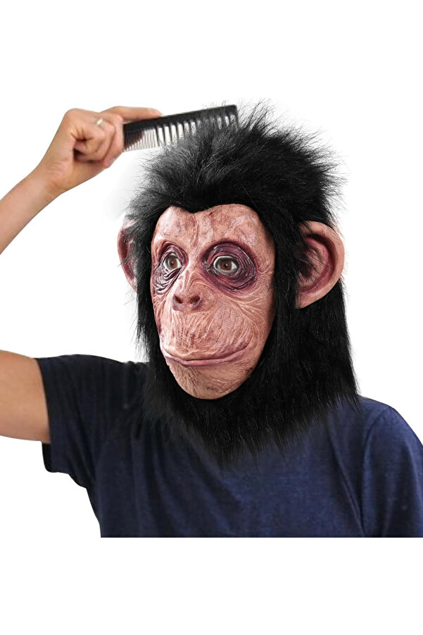 Si̇yah Saçlı Kafaya Tam Geçmeli̇ Lateks Şempanze Maskesi̇ - Lateks Maymun Orangutan Gori̇l Maske Et Mask