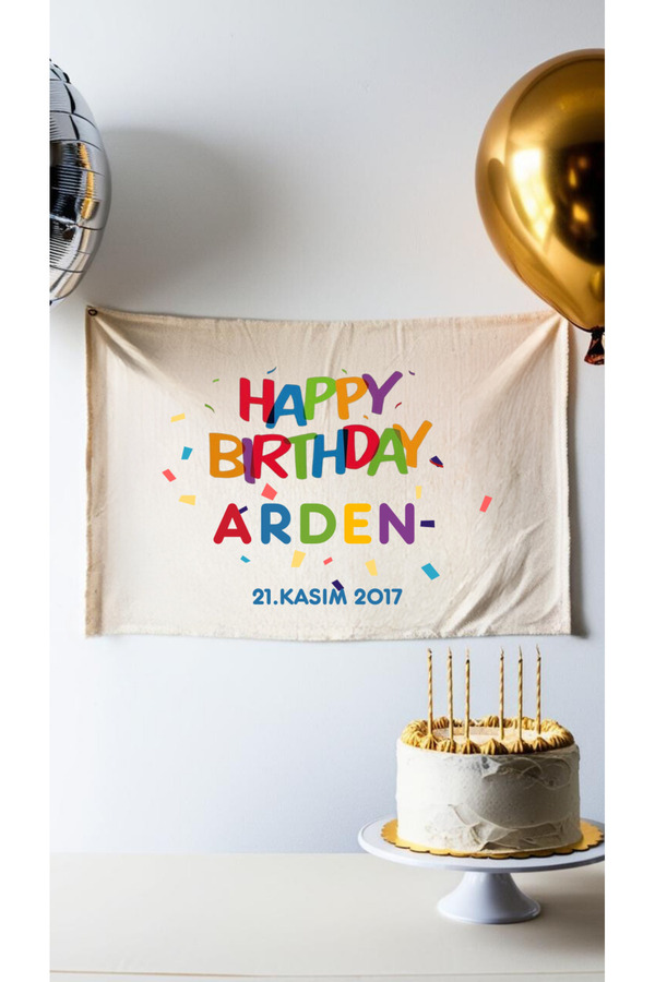 Puppetzzz Renkli İsme Özel Doğum Günü Flaması Arka Fon Afişi Duvar Halısı Örtüsü 65x100CM