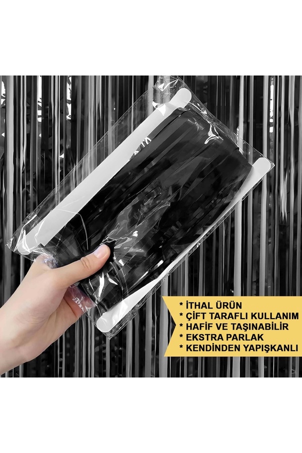 Go İthalat Si̇yah Renk Ekstra Metali̇ze Parlak Saçaklı Arka Fon Perde Ithal A Kali̇te 1X2 Metre (4533)