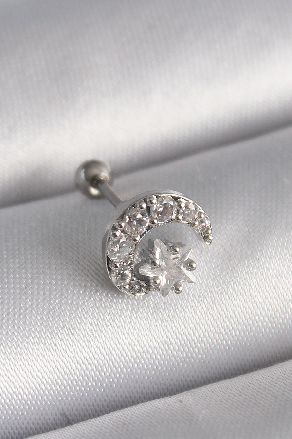 Evi̇mdeyokyok 316L Çeli̇k Gümüş Renk Zi̇rkon Taşlı Ay Yıldız Tragus Pi̇erci̇ng Tj-Pr1257