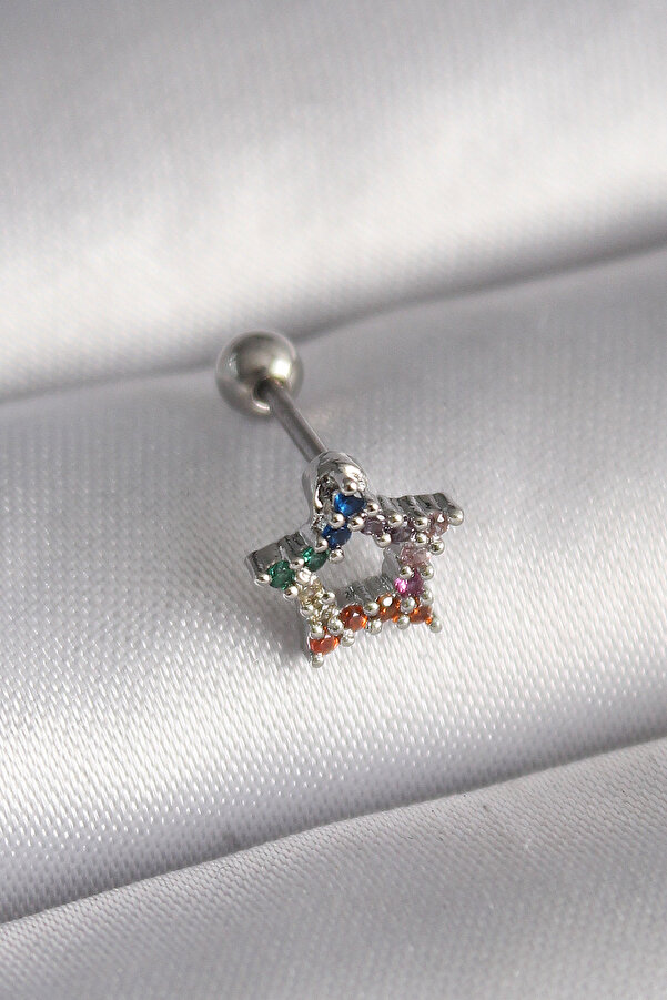 Evi̇mdeyokyok 316L Çeli̇k Gümüş Renk Renkli̇ Zi̇rkon Taşlı Yıldız Model Tragus Pi̇erci̇ng Tj-Pr1355