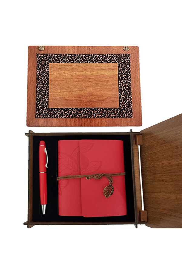 Evi̇mdeyokyok Ahşap Kutulu Kırmızı Deri̇ Defter Ve Metal Kalem Set