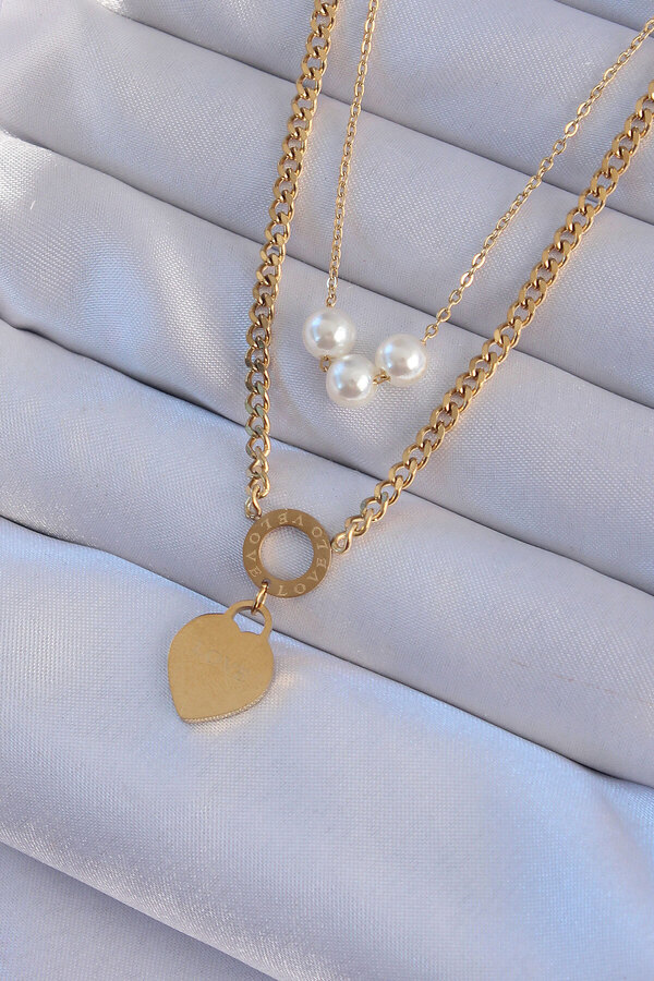 Evi̇mdeyokyok 316L Çeli̇k Gold Renk Çi̇ft Zi̇nci̇r İnci̇ Detayı Love Kalp Kolye Tj-Bko8939