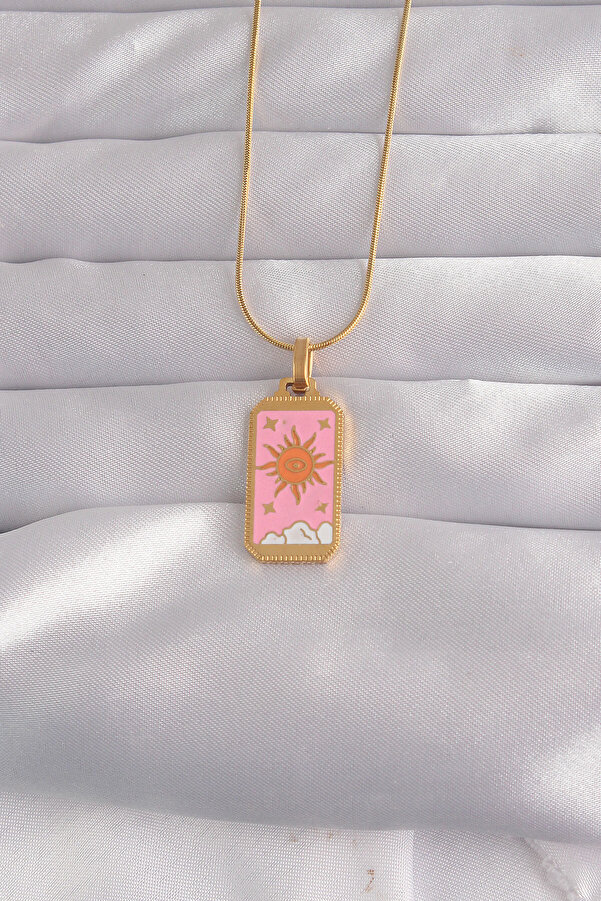 Evi̇mdeyokyok 316L Çeli̇k Gold Renk Pembe Mi̇neli̇ Güneş Model Tarot Kolye Tj-Bko9029