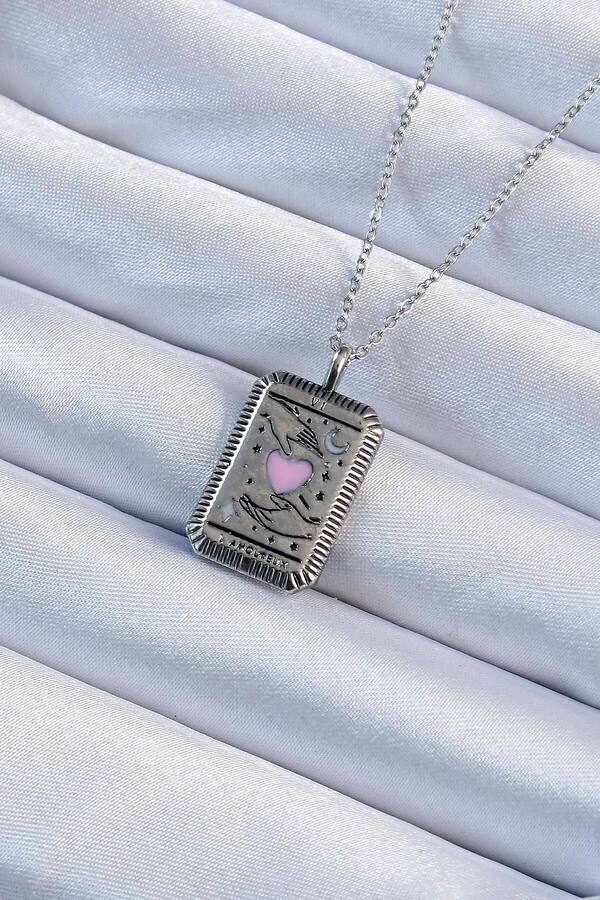 Tj 316L Çeli̇k Zi̇nci̇r Eski̇tme Gümüş Renk Pembe Mi̇neli̇ Kalp Fi̇gürlü Tarot Kolye Tj-Bko9232