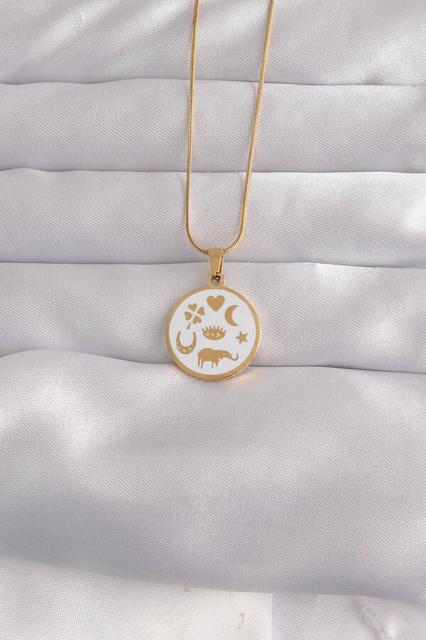 Evi̇mdeyokyok 316L Çeli̇k Gold Renk Beyaz Mi̇neli̇ Karışık Fi̇gürlü Tarot Kolye Tj-Bko9041