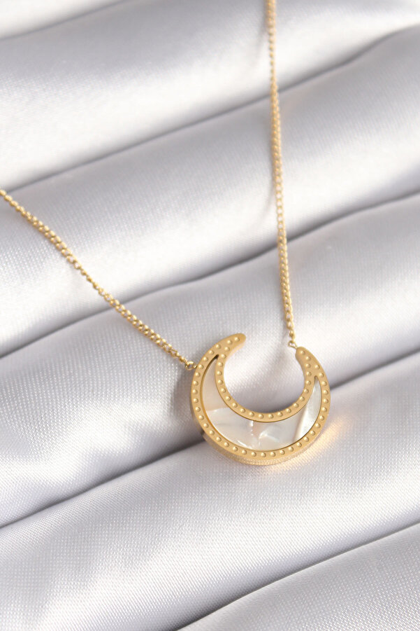 Evi̇mdeyokyok 316L Çeli̇k Gold Renk Beyaz Sedefli̇ Hi̇lal Model Kadın Kolye Tj-Bko8362