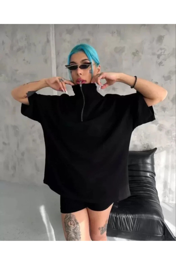 Melenza Uni̇sex Yarım Fermuarlı Düz Oversi̇ze T-Shi̇rt - Si̇yah