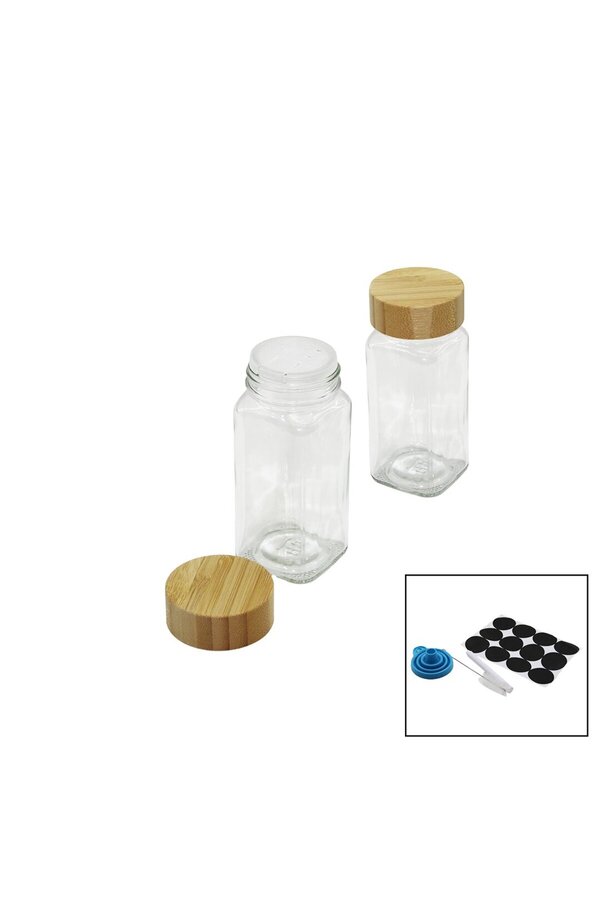 Go İthalat 12 Pcs Takım Kare Cam Baharatlık - Tuzluk Bambu Kapaklı (4130)